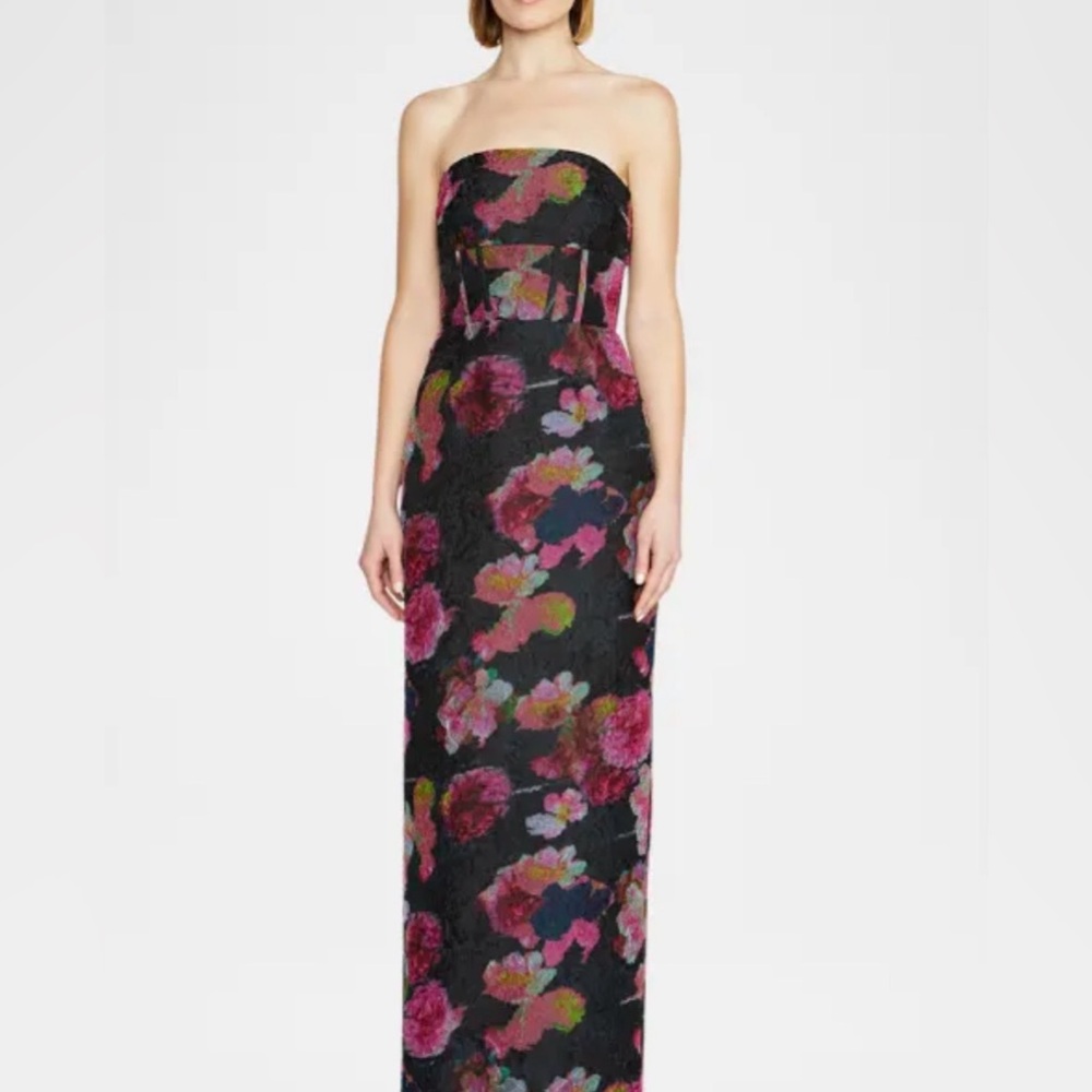 Monique Lhuillier Strapless Black Floral Gown with Pink and Green Accents